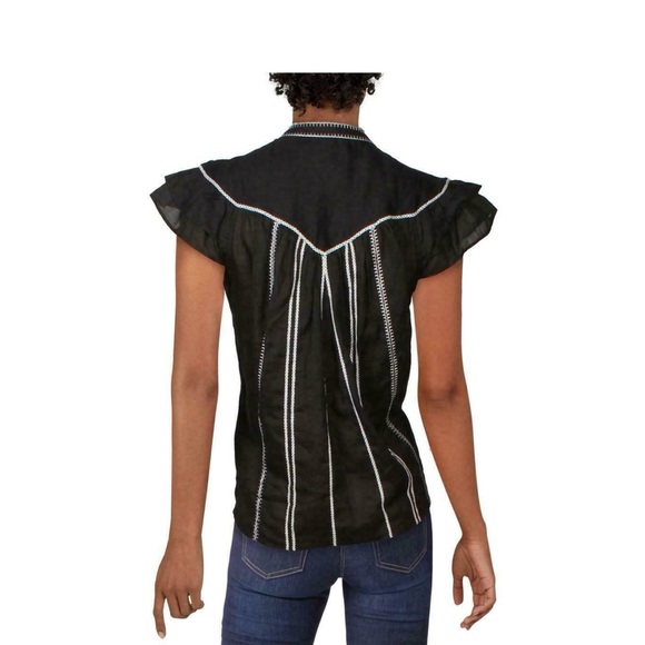 FRAME Embroidered Ruffle Cap Sleeve Ramie Gauze Blouse Top XS - Picture 2 of 4